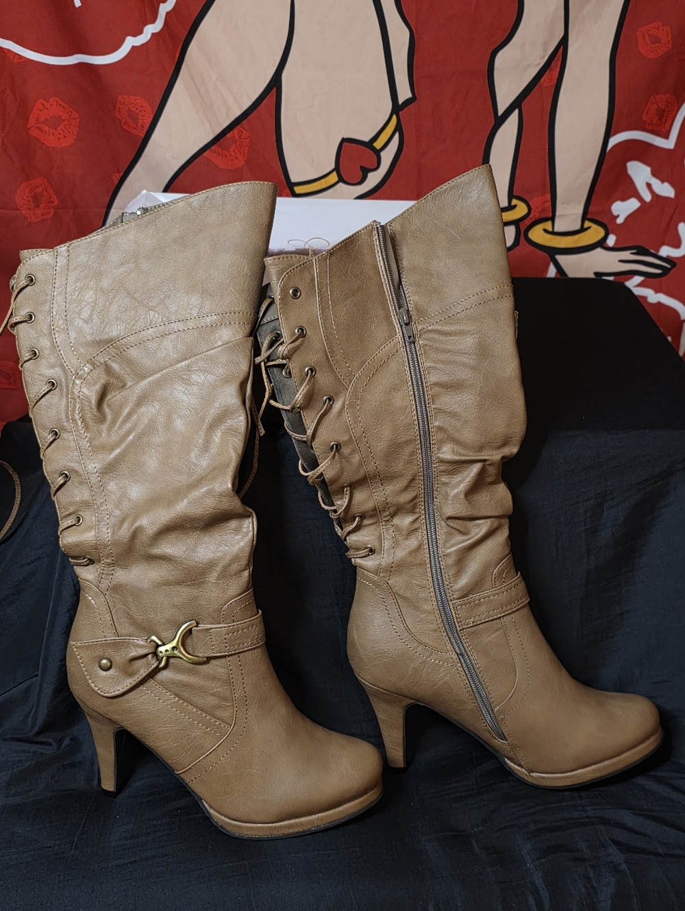 Lace-Up Knee-High Heeled Boots Khaki Size 10
